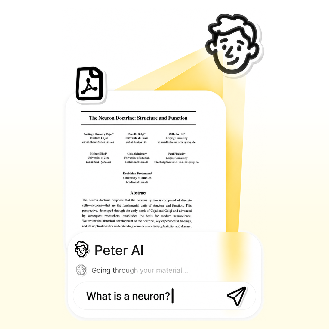 Peter AI answering “What is a neuron?” from an uploaded PDF