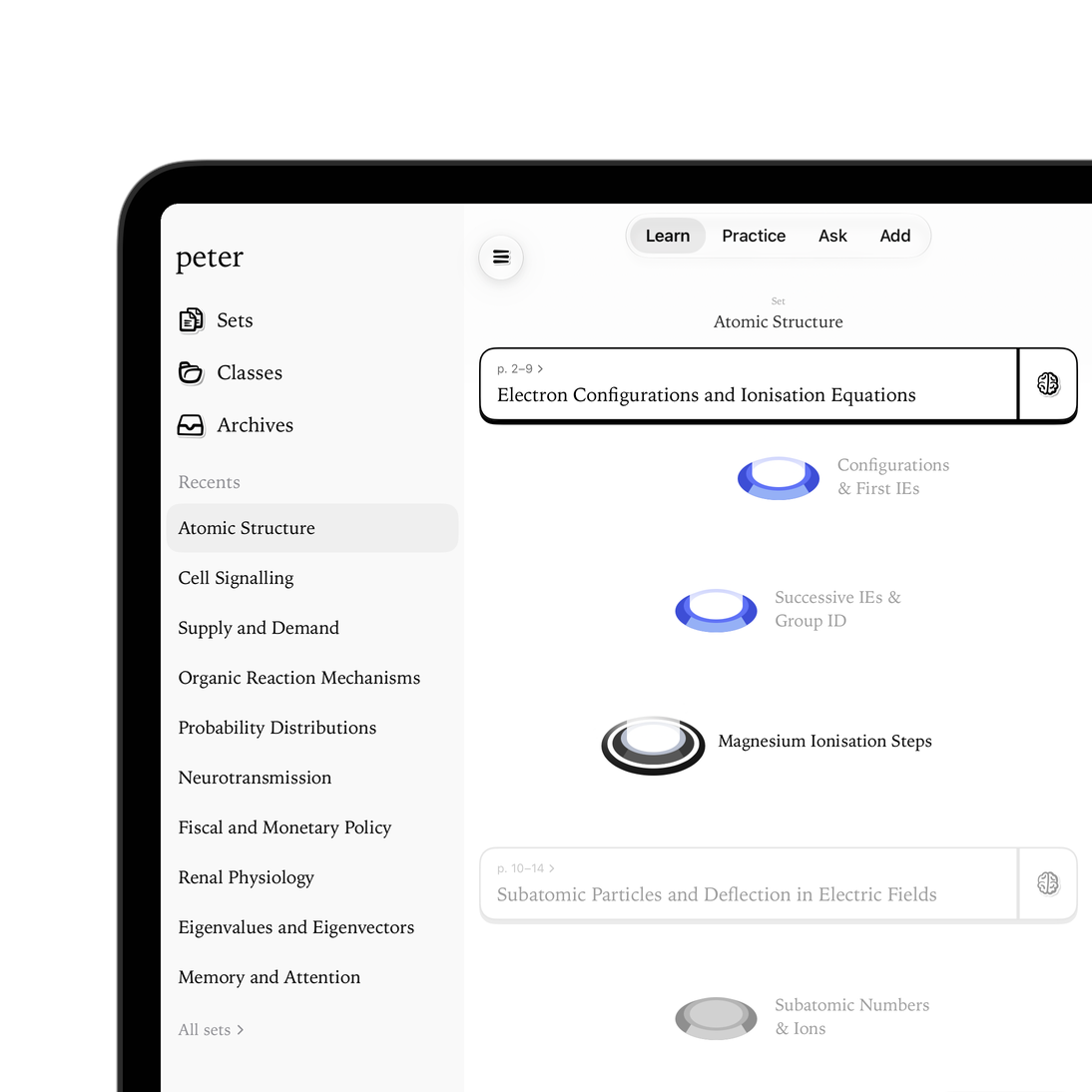 Peter on an iPad Pro: the sidebar of study sets beside the Learn path